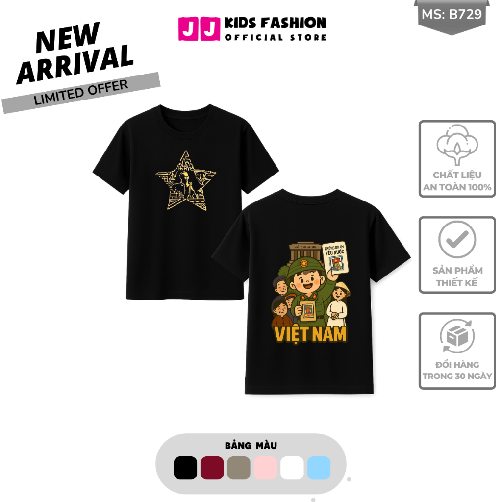 Áo Thun Ngắn Tay Mùa Hè Cho Bé Trai, Bé Gái In Hình Cờ đỏ Việt Nam, Cổ Tròn B729 | JJ Kids Fashion