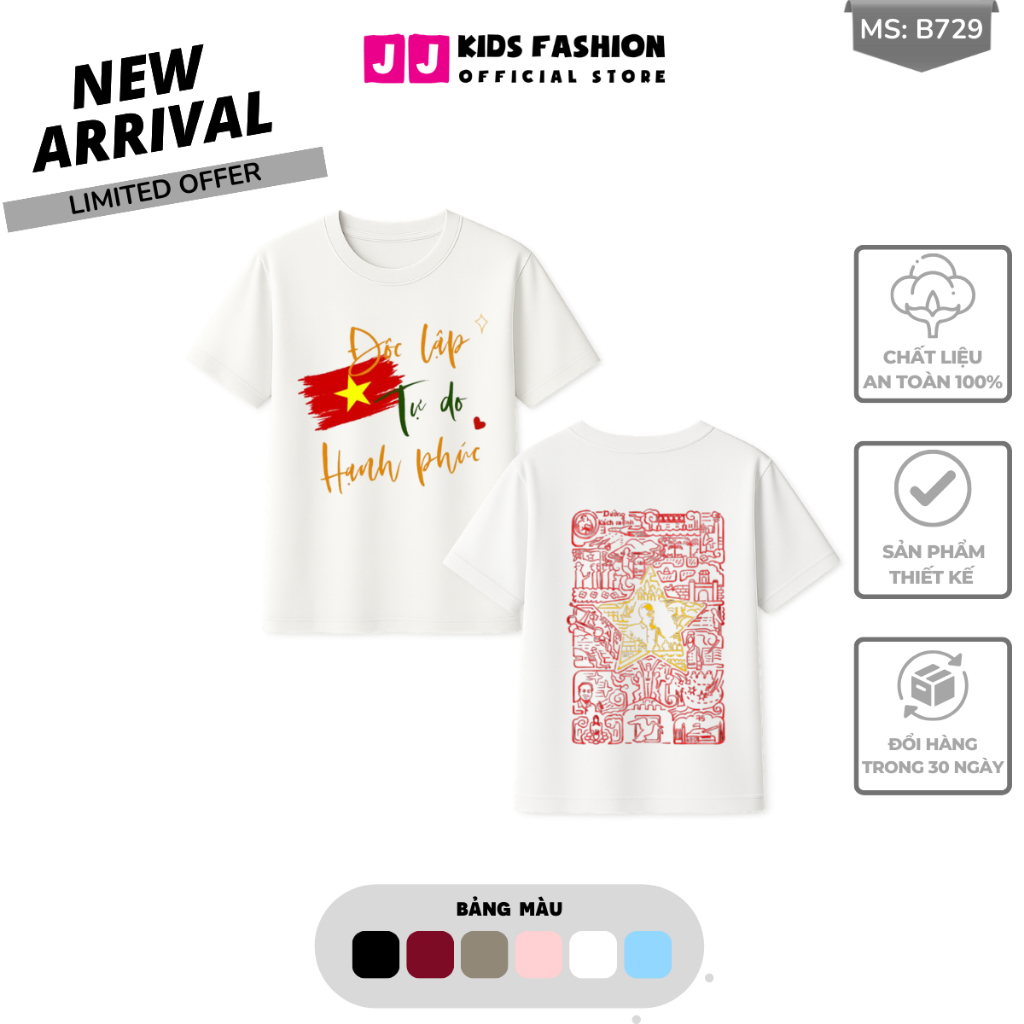 Áo Thun Ngắn Tay Mùa Hè Cho Bé Trai, Bé Gái In Hình Cờ đỏ Việt Nam, Cổ Tròn B729 | JJ Kids Fashion
