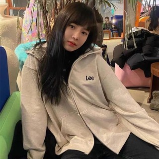 Lee  Nhỏ logo  Hai đầu kéo mũ đá áo khoác nút trùm đầu áo khoác lông không chổi than áo khoác đôi nam nữ cùng loại Hàn Q