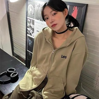Lee  Nhỏ logo  Hai đầu kéo mũ đá áo khoác nút trùm đầu áo khoác lông không chổi than áo khoác đôi nam nữ cùng loại Hàn Q