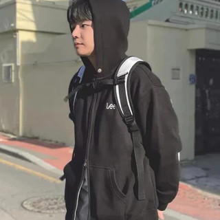 Lee  Nhỏ logo  Hai đầu kéo mũ đá áo khoác nút trùm đầu áo khoác lông không chổi than áo khoác đôi nam nữ cùng loại Hàn Q