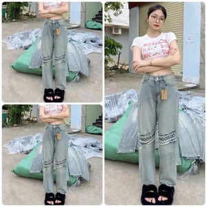 QUẦN JEAN NỮ, QUẦN BÒ ỐNG RỘNG THÊU CHỮ GỐI DÁNG XUÔNG MÀU BỤI