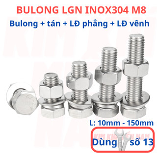 [Bulong + tán + LĐ phẳng + LĐ vênh] 5 bộ bulong LGN inox304 M8 (8 li), dùng khóa 13 để vặn bulong.