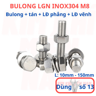 [Bulong + tán + LĐ phẳng + LĐ vênh] 5 bộ bulong LGN inox304 M8 (8 li), dùng khóa 13 để vặn bulong.