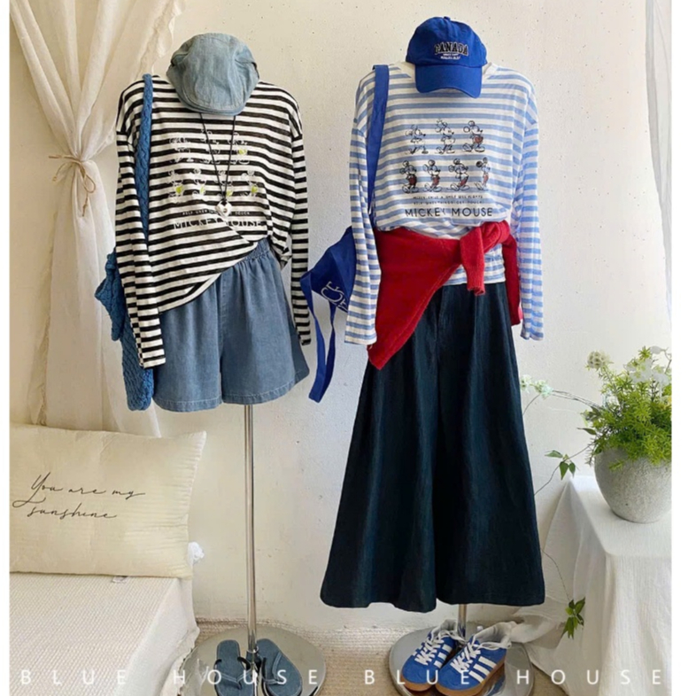 Áo thun nữ dài tay kẻ sọc in hình Mitkey nhỏ dể thương JULY FASHION, Áo thun nữ tay dài phom rộng chất xượt mềm mại
