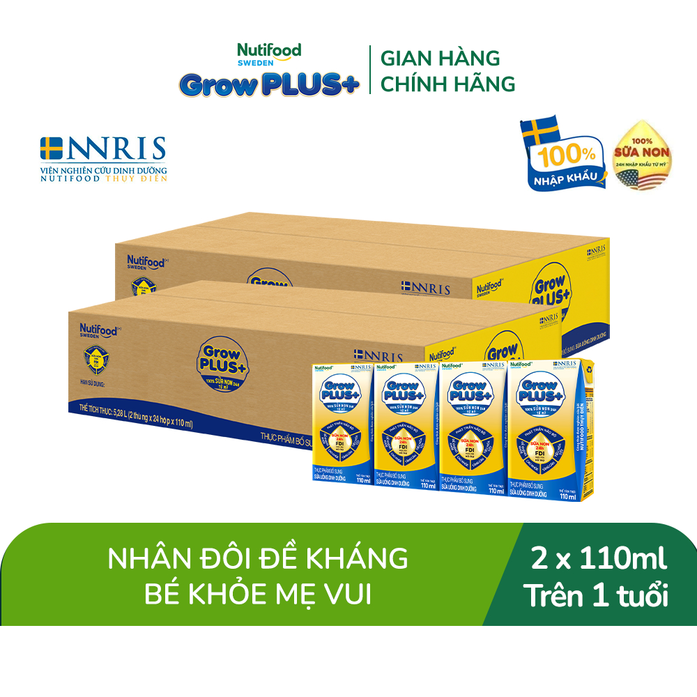 Combo 2 Thùng 48 hộp Sữa Bột Pha Sẵn Nutifood GrowPLUS+ Vàng (Sữa Non Tăng Đề Kháng) 110ml - Trên 1 tuổi