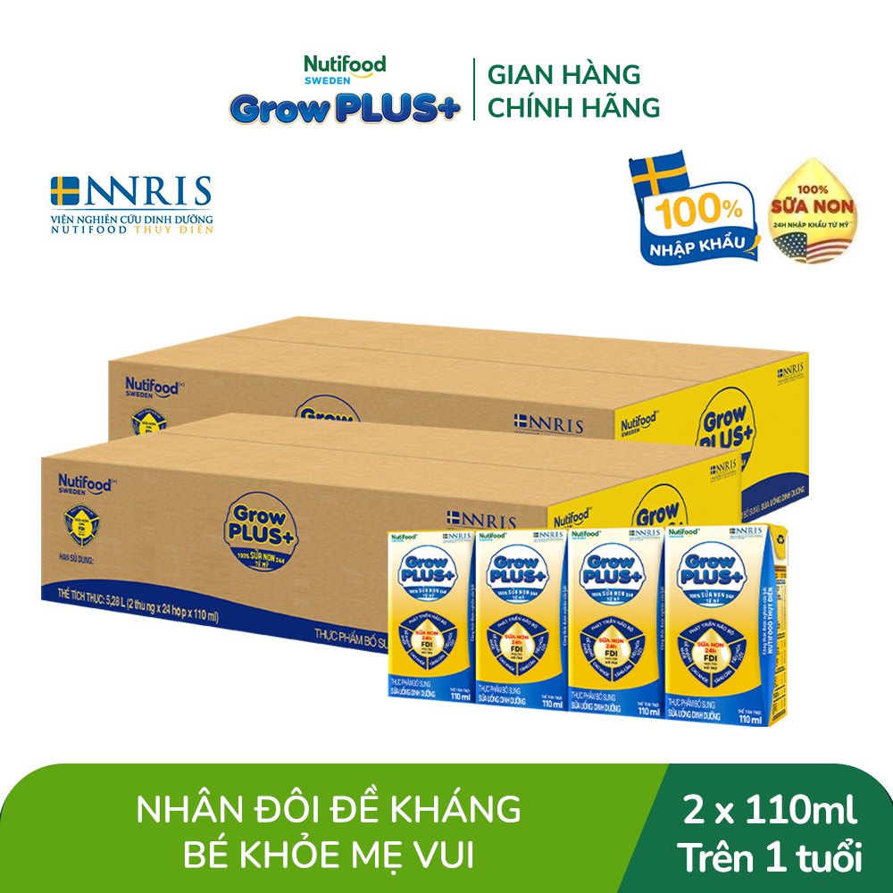 Combo 2 Thùng 48 hộp Sữa Bột Pha Sẵn Nutifood GrowPLUS+ Vàng (Sữa Non Tăng Đề Kháng) 110ml - Trên 1 tuổi
