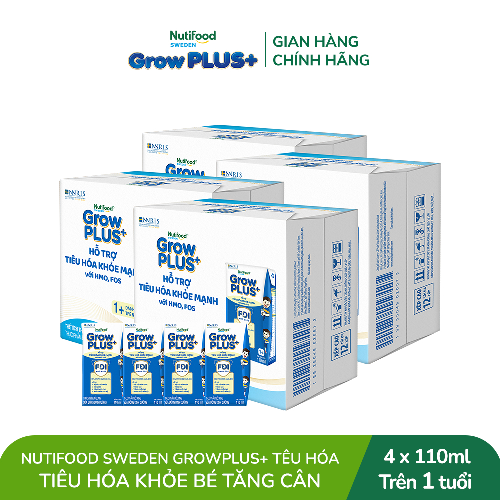 Combo 4 Thùng 24 hộp Sữa bột pha sẵn Nutifood Sweden GrowPLUS+ Tiêu Hóa (Xanh Nhạt) 1+ - Tiêu hóa khỏe, tăng cân 110ml
