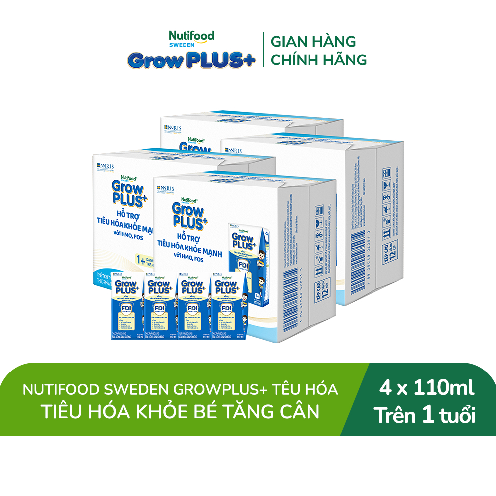 Combo 4 Thùng 24 hộp Sữa bột pha sẵn Nutifood Sweden GrowPLUS+ Tiêu Hóa (Xanh Nhạt) 1+ - Tiêu hóa khỏe, tăng cân 110ml
