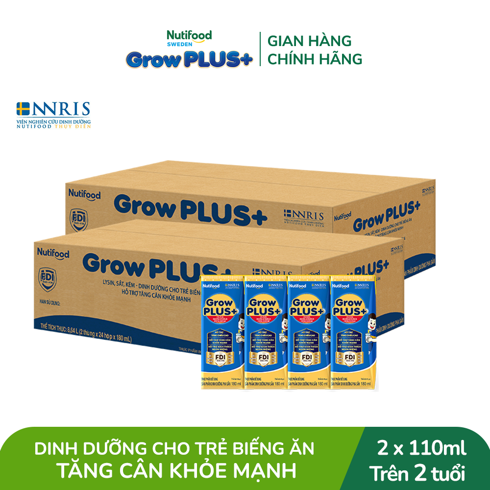 Combo 2 Thùng 48 hộp Sữa Bột Pha Sẵn Nutifood GrowPLUS+ Biếng Ăn (Xanh) 180ml -Trên 2 tuổi - Tăng Cân Khỏe Mạnh