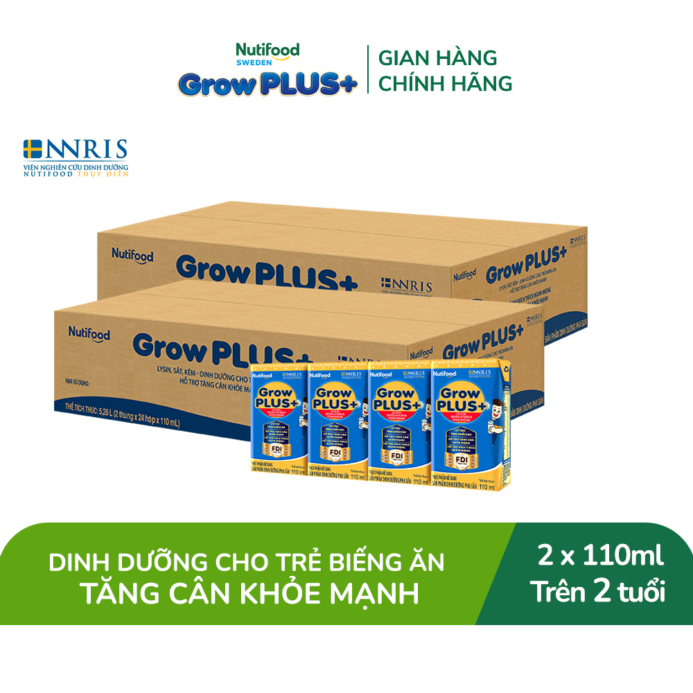 Combo 2 Thùng 48 hộp Sữa Bột Pha Sẵn Nutifood GrowPLUS+ Biếng Ăn (Xanh) 110ml - Trên 2 tuổi - Tăng Cân Khỏe Mạnh