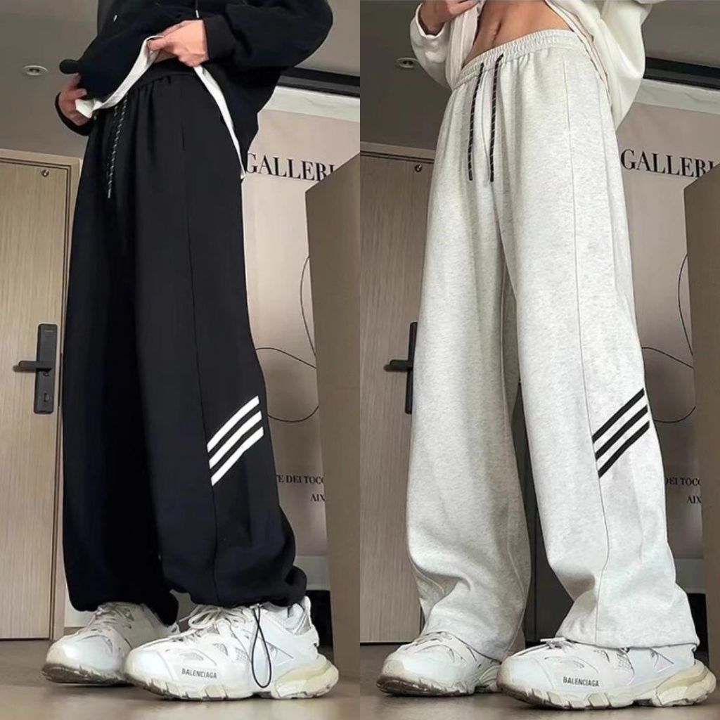 Quần dài ống rộng phối cạp trắng đen nam nữ có dây rút thêu chữ seven Quần ống suông unisex đen xám basic T665G