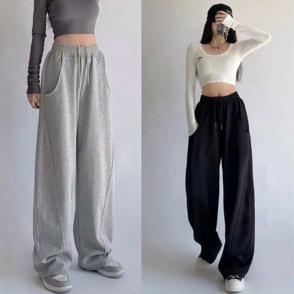 Quần dài ống rộng phối cạp trắng đen nam nữ có dây rút thêu chữ seven Quần ống suông unisex đen xám basic T665G