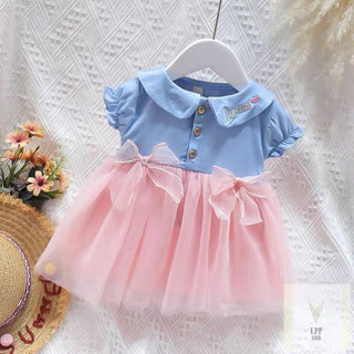 Váy bé gái 2 nơ xinh xắn tùng váy xòe màu hồng pastel Váy denim phối voan lưới D1176 Bí Ngô Nhỏ