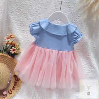 Váy bé gái 2 nơ xinh xắn tùng váy xòe màu hồng pastel Váy denim phối voan lưới D1176 Bí Ngô Nhỏ