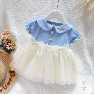 Váy bé gái 2 nơ xinh xắn tùng váy xòe màu hồng pastel Váy denim phối voan lưới D1176 Bí Ngô Nhỏ