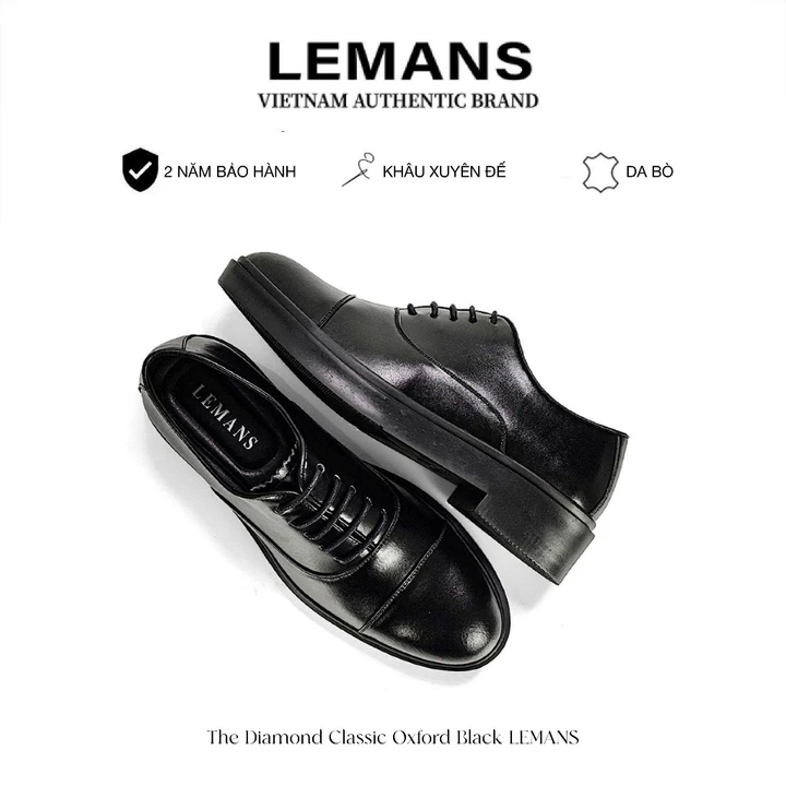 Giày da bò Oxford Black LEMANS - Đế tăng cao 4cm - có mùi thơm - Bảo hành chính hãng 24 tháng