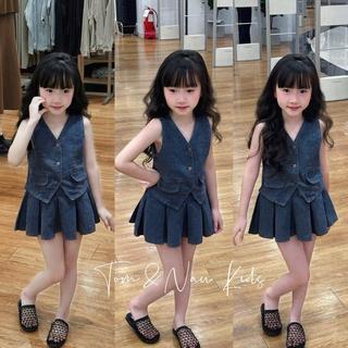 S332-[tomnaukid] Set ghi lê phối chân váy xếp ly cho bé gái size từ 9-32Kg