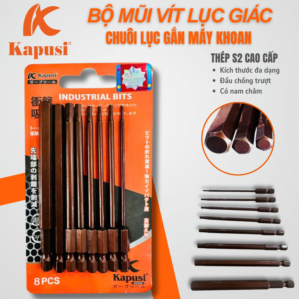 BỘ MŨI LỤC GIÁC LẮP MÁY KHOAN 8 CÂY KAPUSI – THÉP S2 CAO CẤP, ĐA DẠNG KÍCH THƯỚC