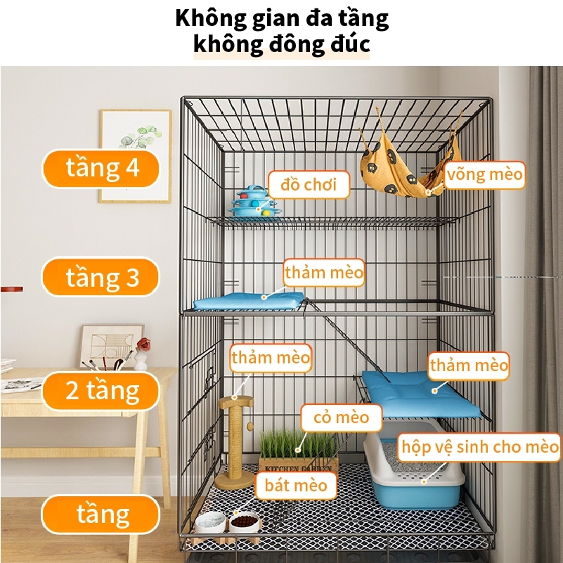 Chuồng Mèo Giá Rẻ Lồng Mèo 3/4 Tầng Gấp Gọn Tặng Khay Có Bánh Xe Sơn Tĩnh Điện BIGSIZE