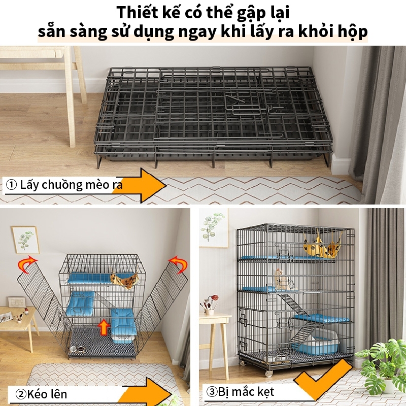 Chuồng Mèo Giá Rẻ Lồng Mèo 3/4 Tầng Gấp Gọn Tặng Khay Có Bánh Xe Sơn Tĩnh Điện BIGSIZE