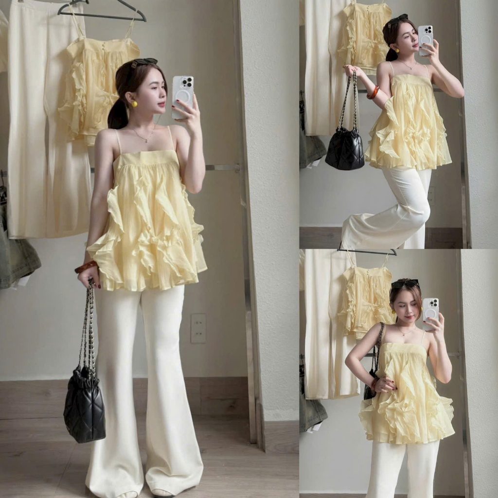 Set bộ nữ áo babydoll 2 dây bèo lai xinh xắn mix quần dài suông sang chảnh giúp Nàng nổi bật đi chơi, dự tiệc