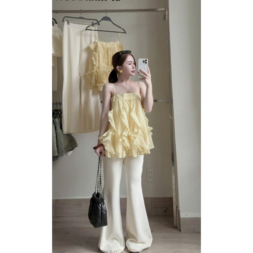 Set bộ nữ áo babydoll 2 dây bèo lai xinh xắn mix quần dài suông sang chảnh giúp Nàng nổi bật đi chơi, dự tiệc