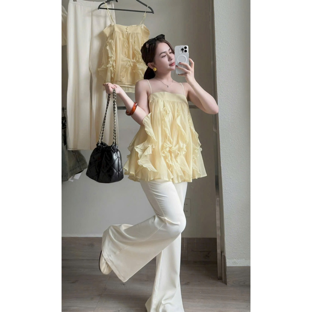 Set bộ nữ áo babydoll 2 dây bèo lai xinh xắn mix quần dài suông sang chảnh giúp Nàng nổi bật đi chơi, dự tiệc