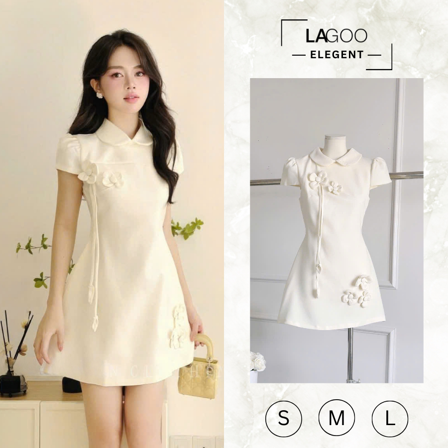 Đầm Nessa Trắng Cao Cấp, Thiết Kế Hoa 3D Nổi, Cổ Bẻ Ngọt Ngào, Thích Hợp Công Sở, Dạo Phố Lagoo Elegent