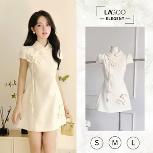 Đầm Nessa Trắng Cao Cấp, Thiết Kế Hoa 3D Nổi, Cổ Bẻ Ngọt Ngào, Thích Hợp Công Sở, Dạo Phố Lagoo Elegent