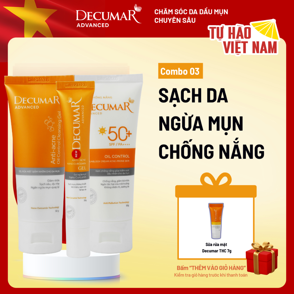Combo Decumar Advanced gồm 1 Gel ngừa mụn, 01 Gel rửa mặt, 01 kem chống ...