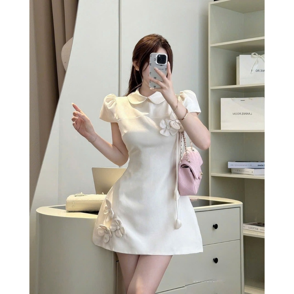 Đầm Nessa Trắng Cao Cấp, Thiết Kế Hoa 3D Nổi, Cổ Bẻ Ngọt Ngào, Thích Hợp Công Sở, Dạo Phố Lagoo Elegent