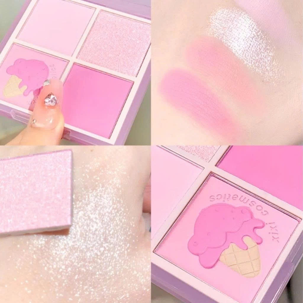 Phấn Má Hồng XIXI 4 Ô Nhũ Bắt Sáng Mắt Má Kèm Highlight Trang Điểm Sáng Da Lâu Trôi, Mịn Kem Cool Tone