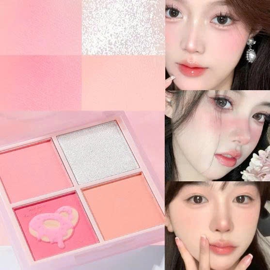 Phấn Má Hồng XIXI 4 Ô Nhũ Bắt Sáng Mắt Má Kèm Highlight Trang Điểm Sáng Da Lâu Trôi, Mịn Kem Cool Tone