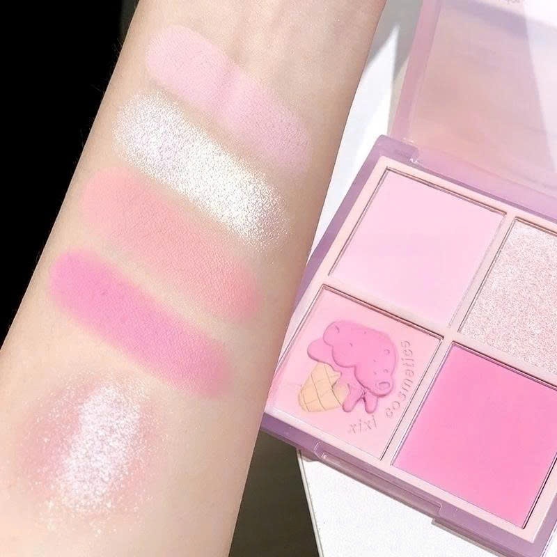 Phấn Má Hồng XIXI 4 Ô Nhũ Bắt Sáng Mắt Má Kèm Highlight Trang Điểm Sáng Da Lâu Trôi, Mịn Kem Cool Tone