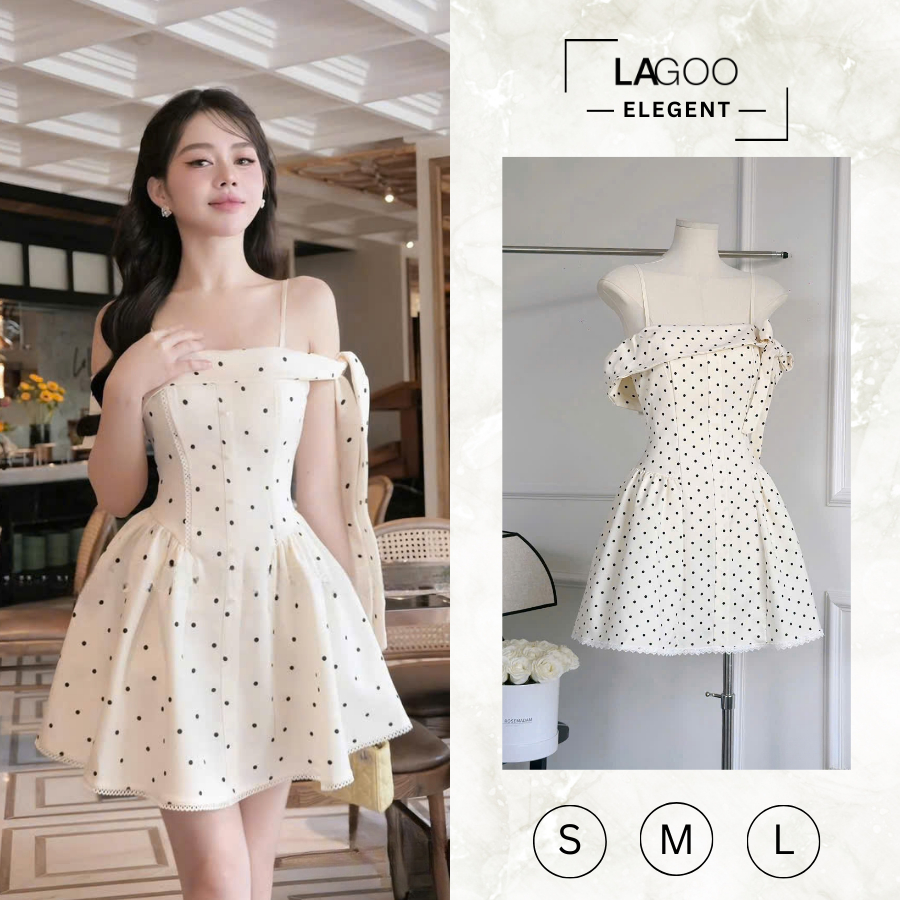 Đầm Saly Chấm Bi Trắng Nữ Tính, Váy Ngắn Xòe Dự Tiệc Dây Mảnh, Nơ Vai Buộc Thanh Lịch Hot Trend Lagoo Elegent
