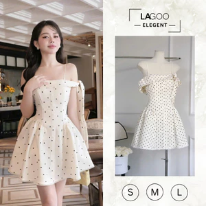 Đầm Saly Chấm Bi Trắng Nữ Tính, Váy Ngắn Xòe Dự Tiệc Dây Mảnh, Nơ Vai Buộc Thanh Lịch Hot Trend Lagoo Elegent