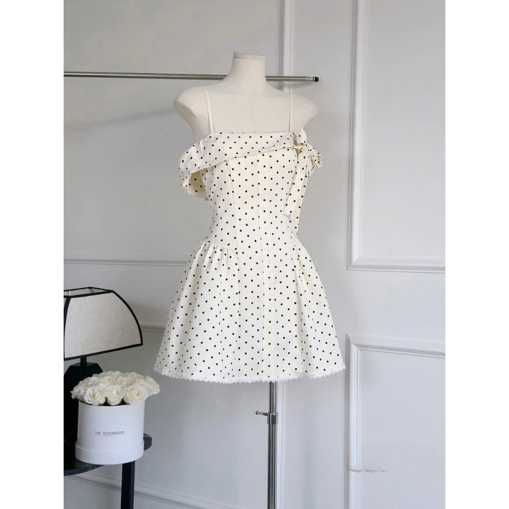Đầm Saly Chấm Bi Trắng Nữ Tính, Váy Ngắn Xòe Dự Tiệc Dây Mảnh, Nơ Vai Buộc Thanh Lịch Hot Trend Lagoo Elegent