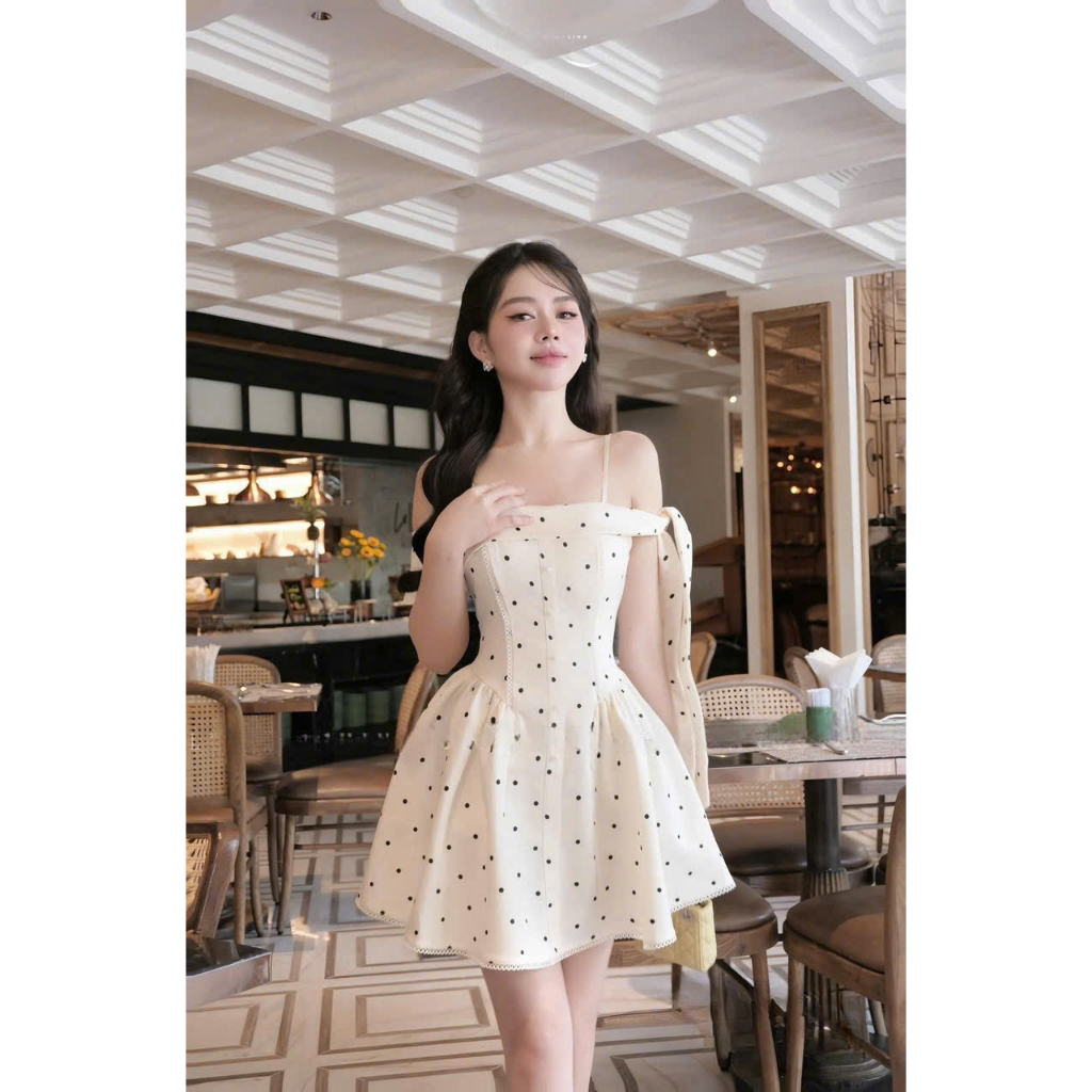 Đầm Saly Chấm Bi Trắng Nữ Tính, Váy Ngắn Xòe Dự Tiệc Dây Mảnh, Nơ Vai Buộc Thanh Lịch Hot Trend Lagoo Elegent