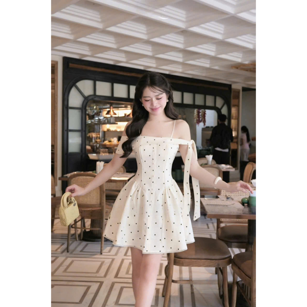Đầm Saly Chấm Bi Trắng Nữ Tính, Váy Ngắn Xòe Dự Tiệc Dây Mảnh, Nơ Vai Buộc Thanh Lịch Hot Trend Lagoo Elegent