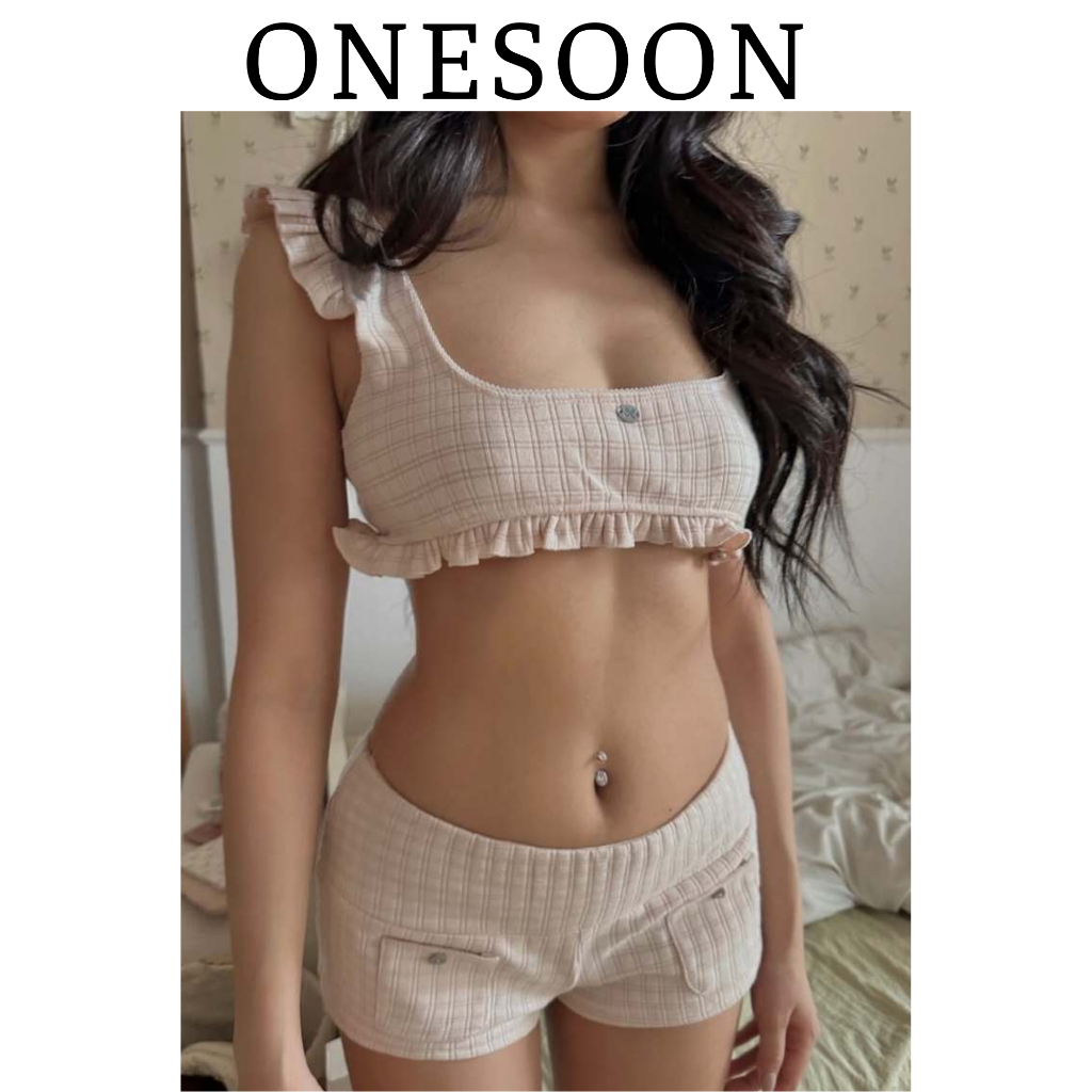 [Sẵn-HỎA TỐC HÀ NỘI] ONESOON Set 2 món áo bra hai dây cánh tiên kèm quần short ngắn phối viền ren ôm body retro nữ
