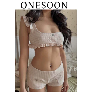 ONESOON Set 2 món áo bra hai dây cánh tiên kèm quần short ngắn phối viền ren ôm body retro nữ