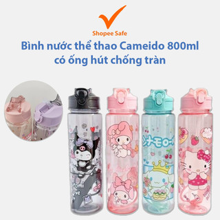 Bình nước thể thao Cameido 800ml có ống hút chống tràn họa tiết hoạt hình dễ thương