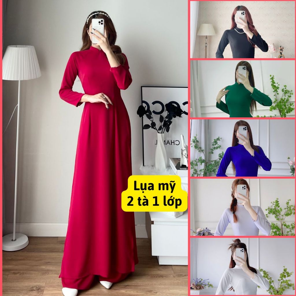 Áo dài truyền thống chất lụa mỹ cao cấp co giãn mềm mịn thiết kế cổ cao tay dài