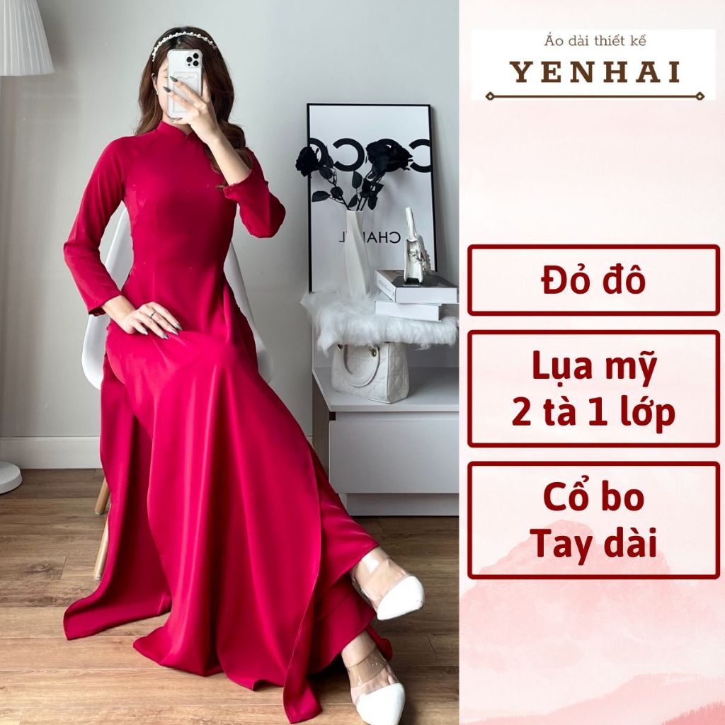 Áo dài truyền thống chất lụa mỹ cao cấp co giãn mềm mịn thiết kế cổ cao tay dài