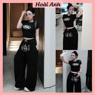Set Bộ Đồ Nữ Áo Croptop Đen In Bad Rồng Ngắn Tay Ôm Body Mix Quần Dài Boom Gấu Dây Rút Freesize