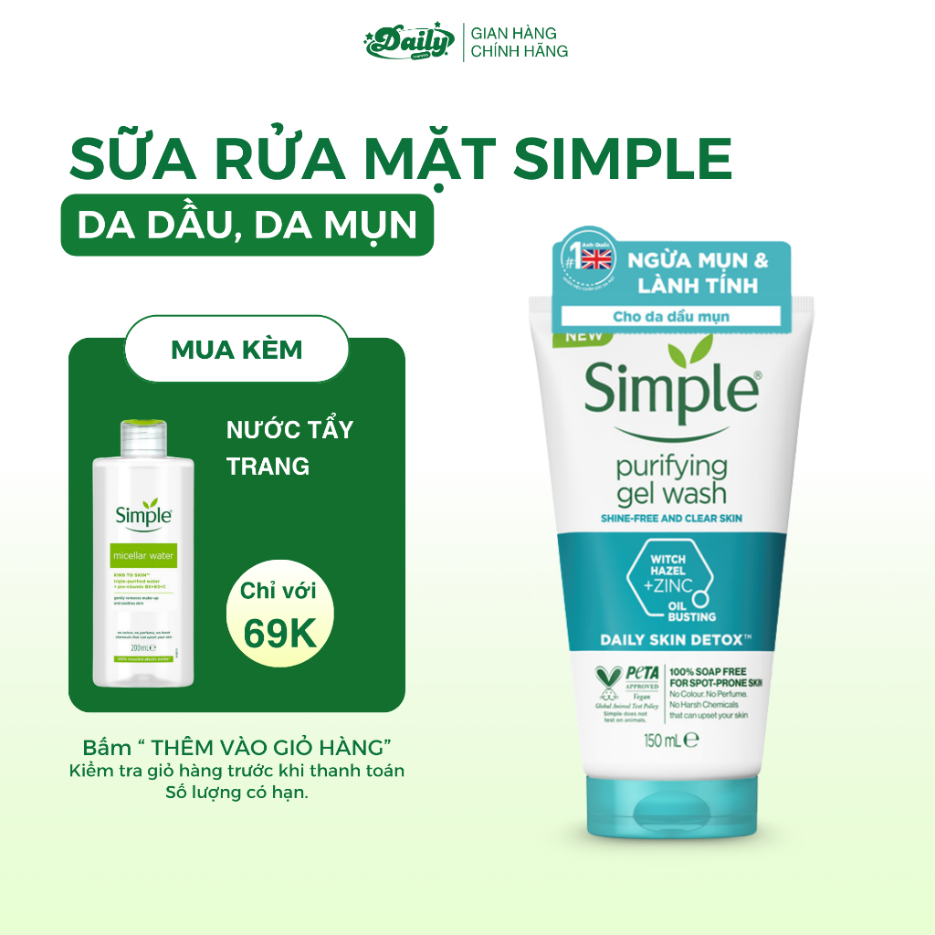 Sữa rửa mặt Simple giúp kiềm dầu, ngăn ngừa mụn, thông thoáng lỗ chân lông, dành cho da dầu mụn