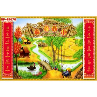 Tranh Dán Tường 3D Cửu Huyền Thất Tổ Vải Lụa 3D Cao Cấp