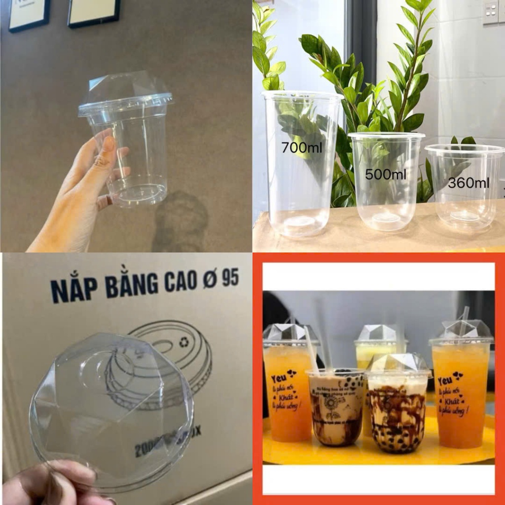 50 Cốc nhựa PP kèm nắp Kim Cương đựng trà sữa sinh tố  nước hoa quả
