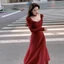 Đầm midi cổ tim - kèm vòng chocker 1 màu đỏ A1288